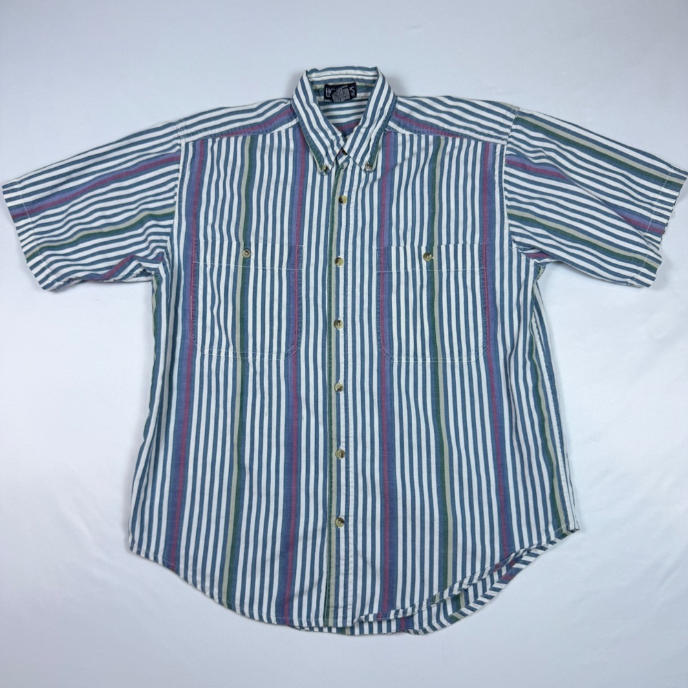 Honors Mens Medium Striped Button Up Shirt Short Sleeve Cotton Vintage Blue